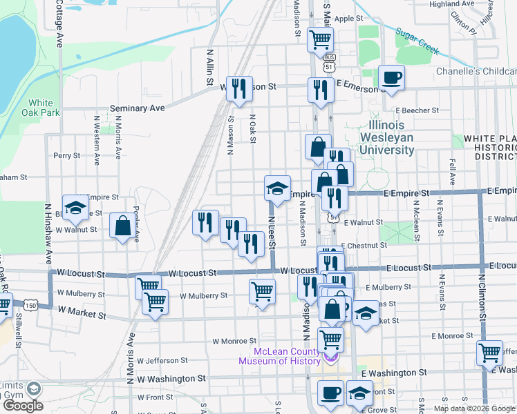 map of restaurants, bars, coffee shops, grocery stores, and more near 916 North Lee Street in Bloomington