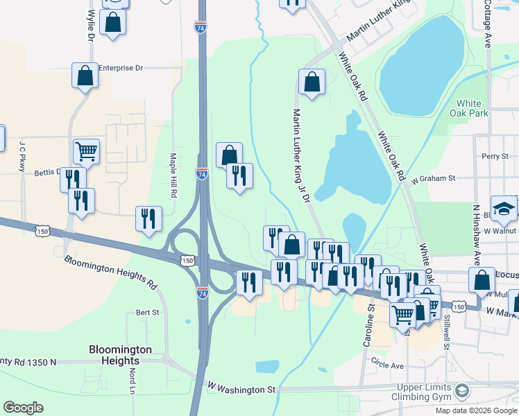 map of restaurants, bars, coffee shops, grocery stores, and more near 712 Brad Street in Bloomington