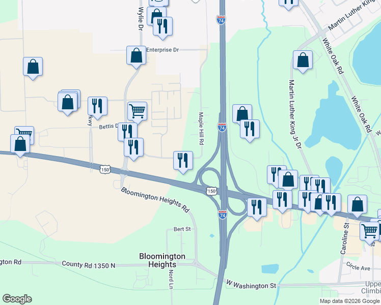 map of restaurants, bars, coffee shops, grocery stores, and more near 1004 Maple Hill Road in Bloomington