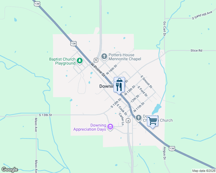 map of restaurants, bars, coffee shops, grocery stores, and more near in Downing