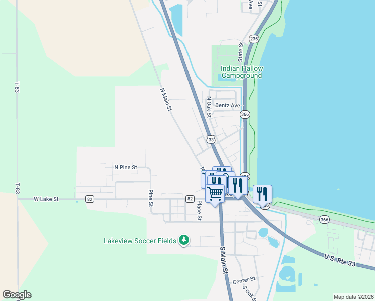 map of restaurants, bars, coffee shops, grocery stores, and more near 340 North Main Street in Lakeview