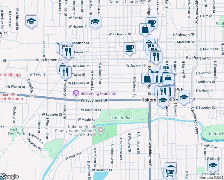 map of restaurants, bars, coffee shops, grocery stores, and more near 708 West Walnut Street in Kokomo