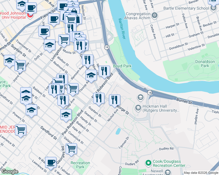 map of restaurants, bars, coffee shops, grocery stores, and more near 51 Paul Robeson Boulevard in New Brunswick