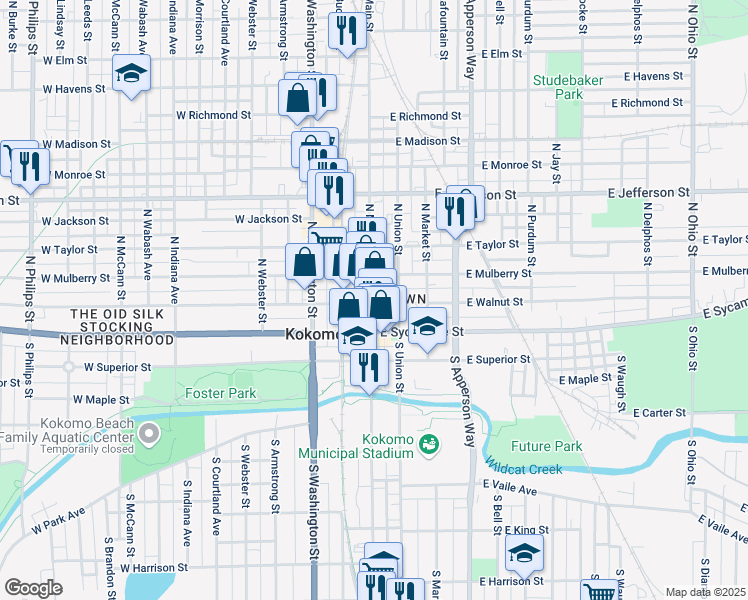 map of restaurants, bars, coffee shops, grocery stores, and more near 215 North Main Street in Kokomo