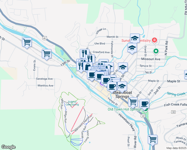 map of restaurants, bars, coffee shops, grocery stores, and more near 124 10th Street in Steamboat Springs