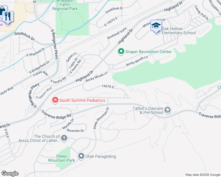 map of restaurants, bars, coffee shops, grocery stores, and more near 624 Rocky Knoll Lane in Draper