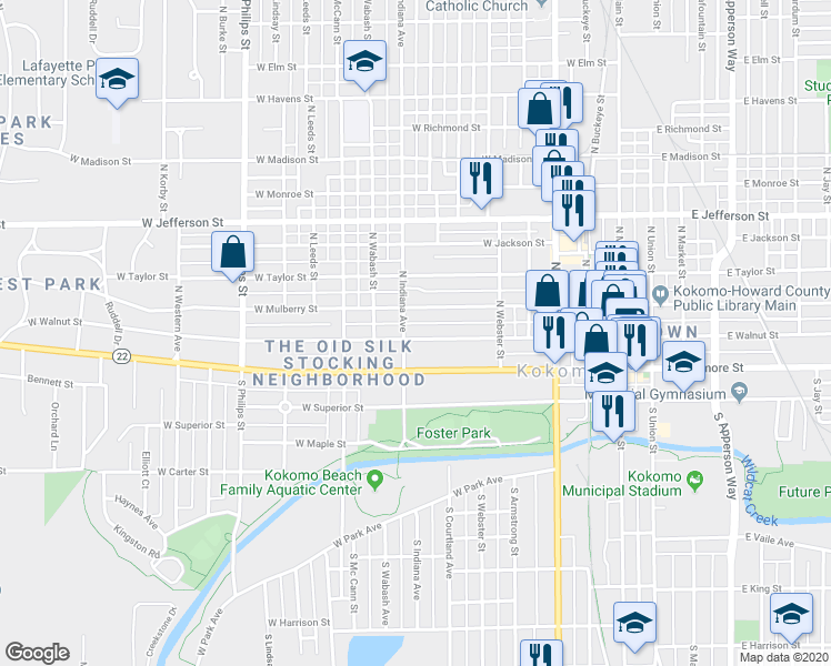 map of restaurants, bars, coffee shops, grocery stores, and more near 710 West Walnut Street in Kokomo