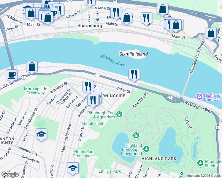 map of restaurants, bars, coffee shops, grocery stores, and more near 7209 Ballard Way in Pittsburgh