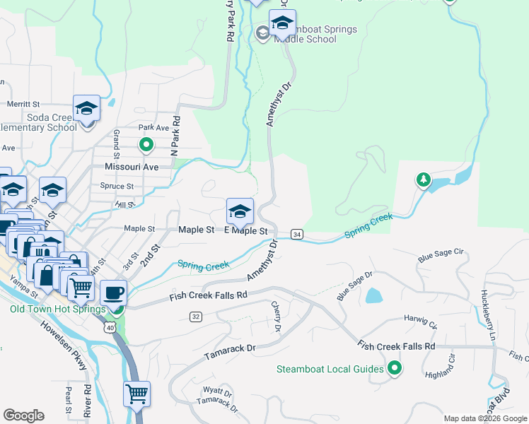 map of restaurants, bars, coffee shops, grocery stores, and more near 777 McKinley Street in Steamboat Springs