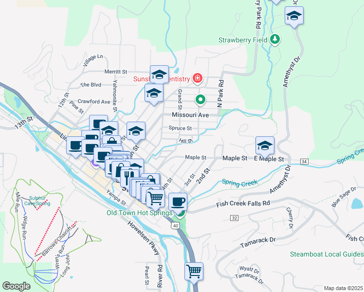 map of restaurants, bars, coffee shops, grocery stores, and more near 134 Hill Street in Steamboat Springs