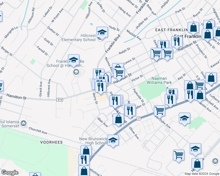 map of restaurants, bars, coffee shops, grocery stores, and more near 910 Hamilton Street in Franklin Township