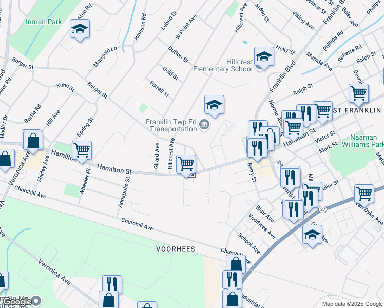 map of restaurants, bars, coffee shops, grocery stores, and more near 414 Vanderbilt Avenue in Franklin Township