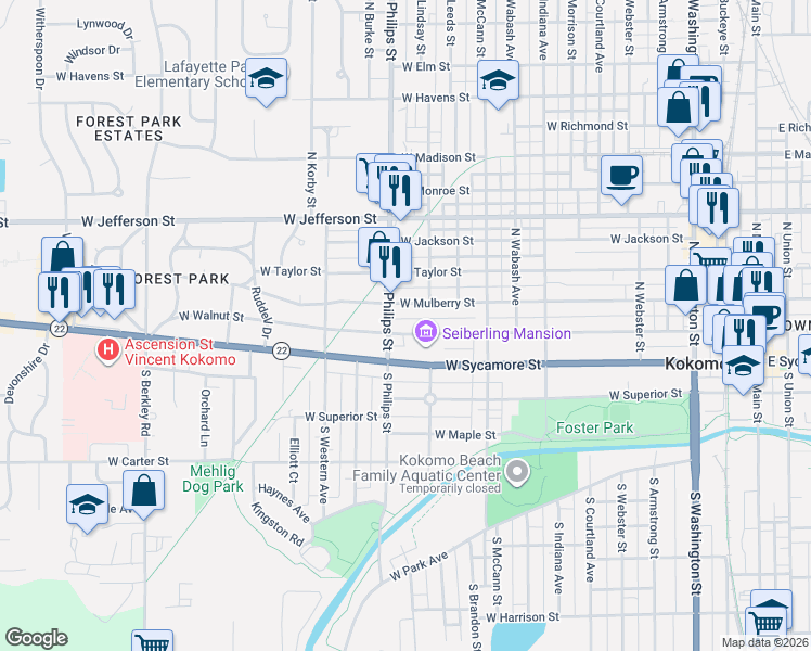 map of restaurants, bars, coffee shops, grocery stores, and more near 1219 West Mulberry Street in Kokomo