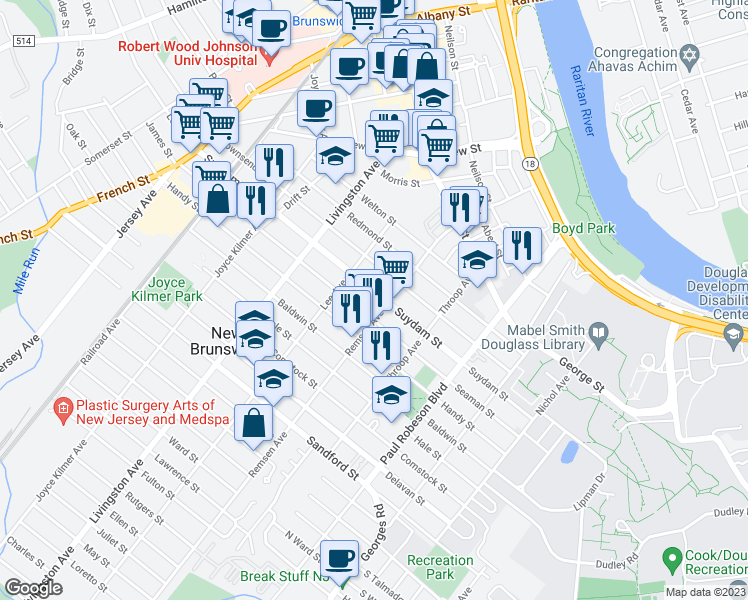 map of restaurants, bars, coffee shops, grocery stores, and more near 170 Suydam Street in New Brunswick
