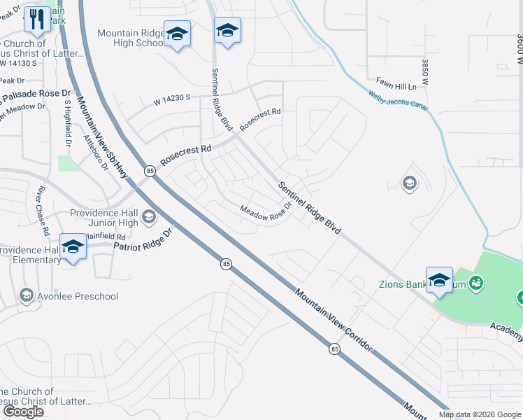 map of restaurants, bars, coffee shops, grocery stores, and more near 14514 South Ronan Lane in Herriman