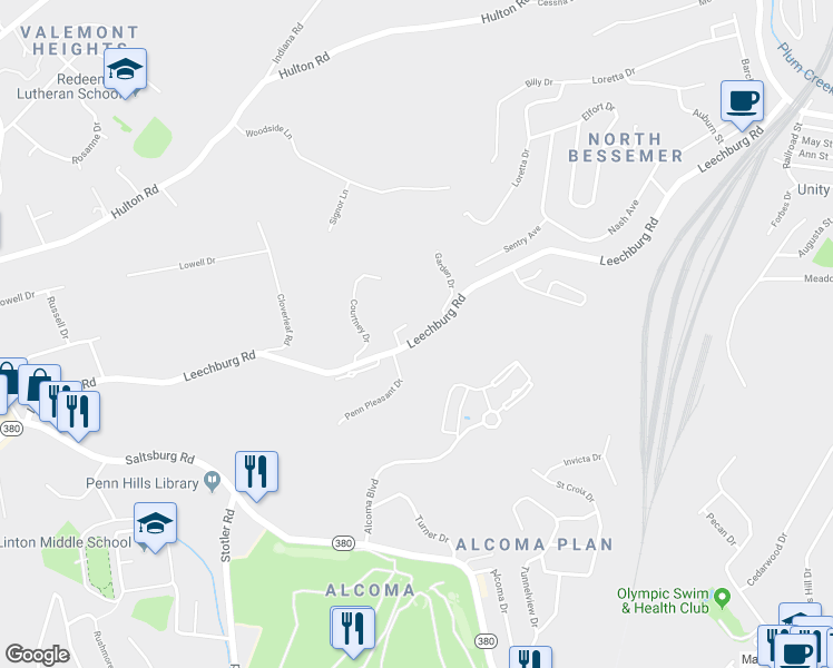 map of restaurants, bars, coffee shops, grocery stores, and more near 6515 Leechburg Road in Verona