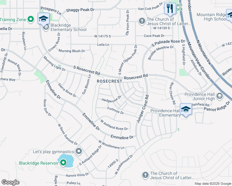 map of restaurants, bars, coffee shops, grocery stores, and more near 14514 Windom Road in Herriman