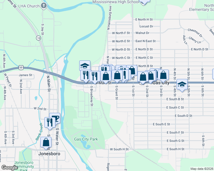 map of restaurants, bars, coffee shops, grocery stores, and more near 214 W Main St in Gas City