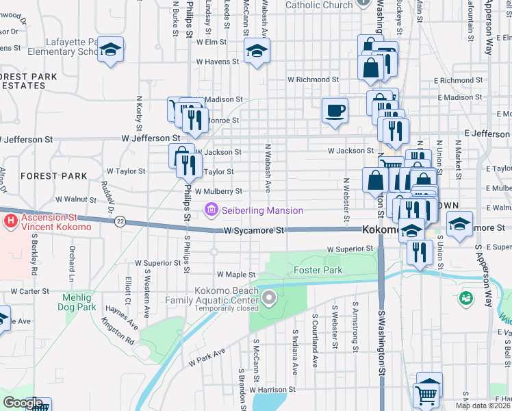 map of restaurants, bars, coffee shops, grocery stores, and more near 1005 West Mulberry Street in Kokomo