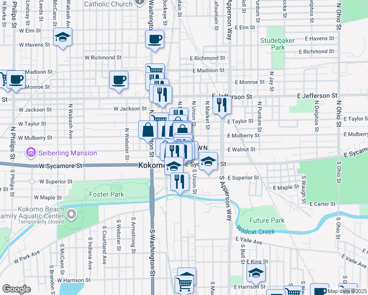 map of restaurants, bars, coffee shops, grocery stores, and more near 215 North Main Street in Kokomo