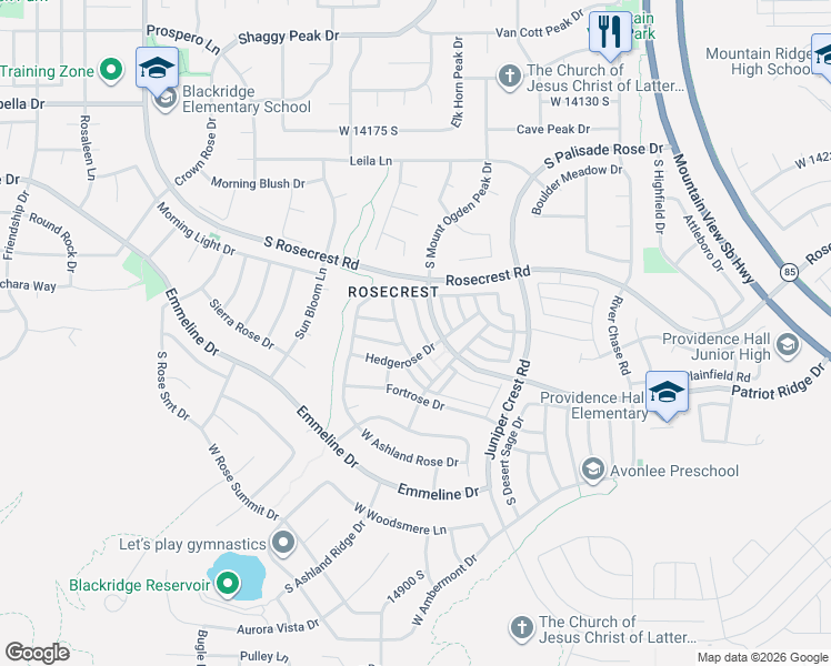 map of restaurants, bars, coffee shops, grocery stores, and more near 14514 Windom Road in Herriman