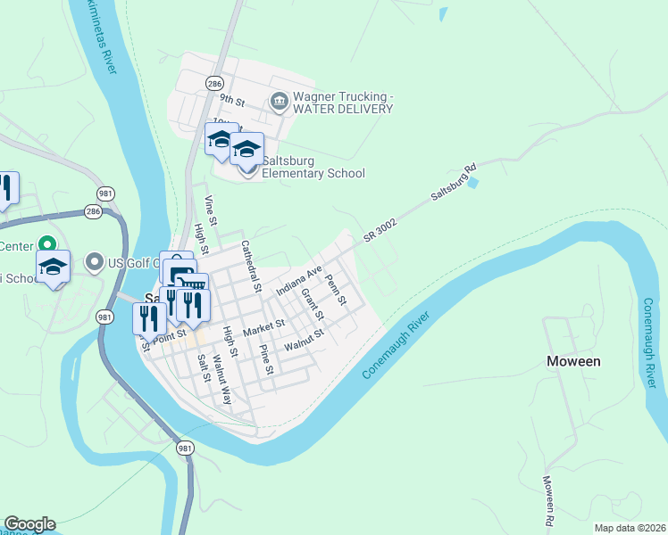 map of restaurants, bars, coffee shops, grocery stores, and more near 801 Indiana Avenue in Saltsburg