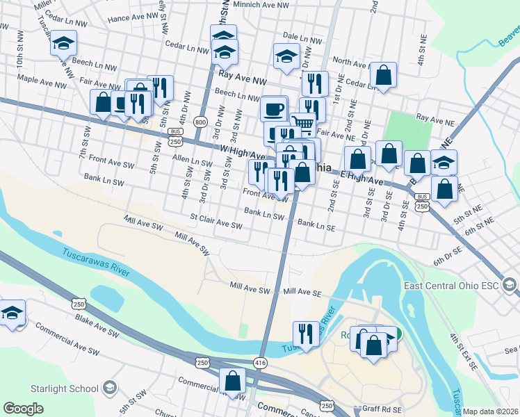 map of restaurants, bars, coffee shops, grocery stores, and more near 202 2nd Street Southwest in New Philadelphia