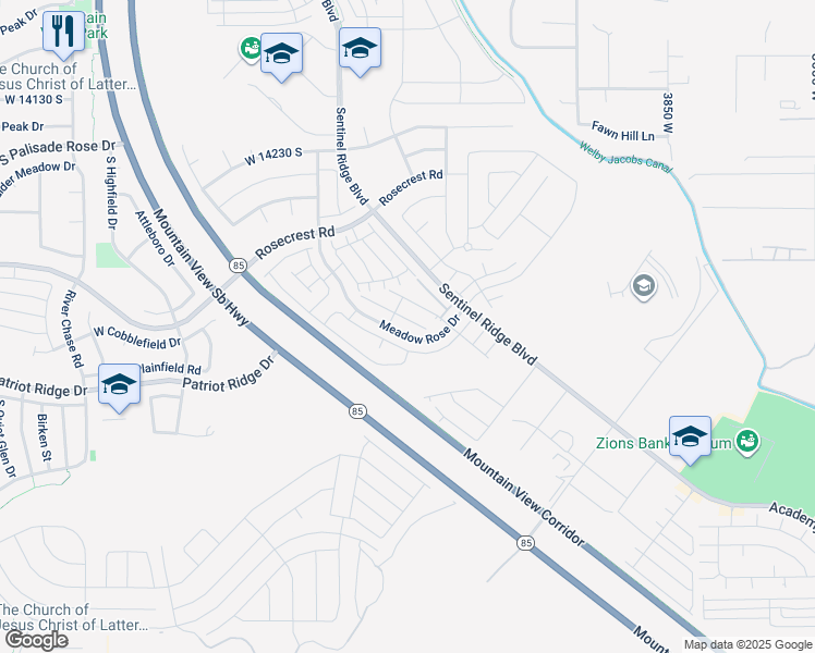 map of restaurants, bars, coffee shops, grocery stores, and more near 14503 South Ronan Lane in Bluffdale
