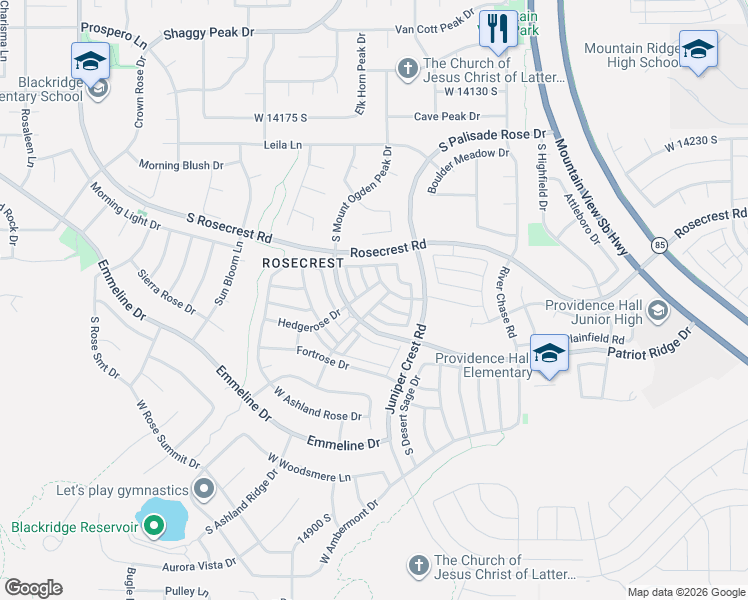 map of restaurants, bars, coffee shops, grocery stores, and more near 14493 Stone Stream Street in Herriman