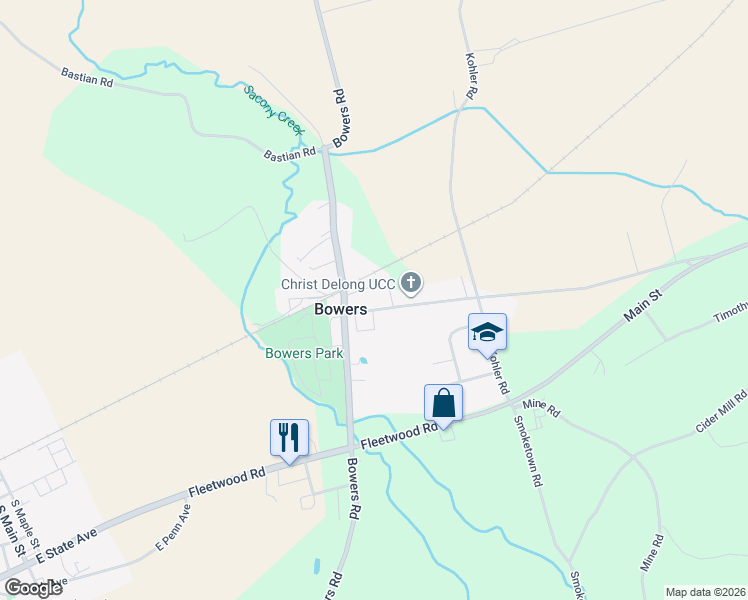map of restaurants, bars, coffee shops, grocery stores, and more near 31 Old Bowers Road in Mertztown