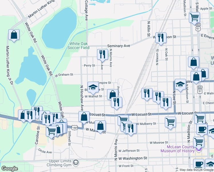map of restaurants, bars, coffee shops, grocery stores, and more near 1101 North Western Avenue in Bloomington