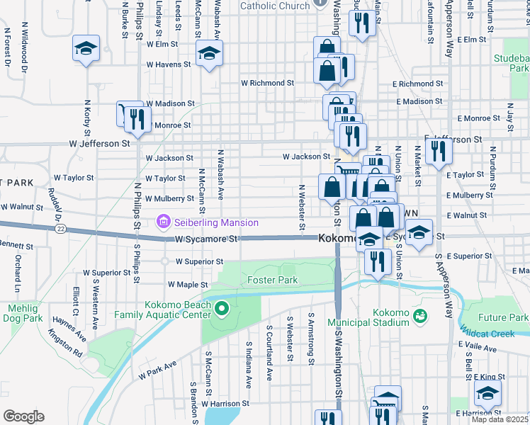 map of restaurants, bars, coffee shops, grocery stores, and more near 610 West Walnut Street in Kokomo