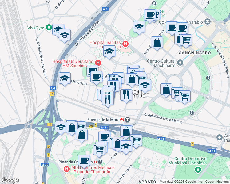 map of restaurants, bars, coffee shops, grocery stores, and more near 46 Avenida de Manoteras in Madrid