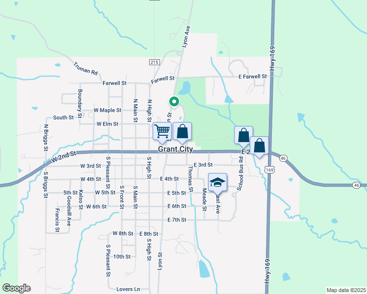map of restaurants, bars, coffee shops, grocery stores, and more near 307 East 2nd Street in Grant City