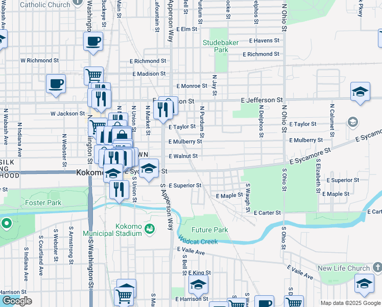 map of restaurants, bars, coffee shops, grocery stores, and more near 606 East Walnut Street in Kokomo