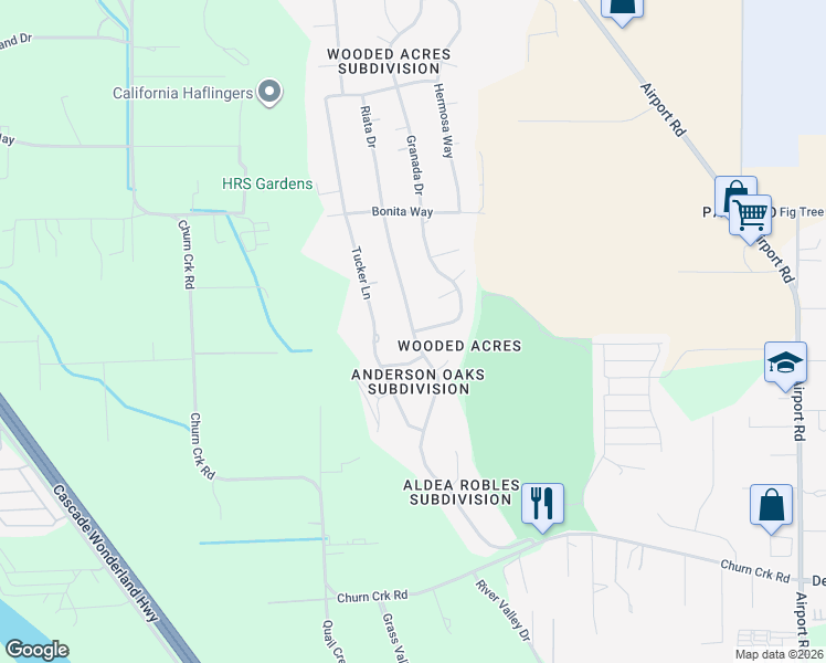 map of restaurants, bars, coffee shops, grocery stores, and more near Riata Dr & Granada Dr in Redding