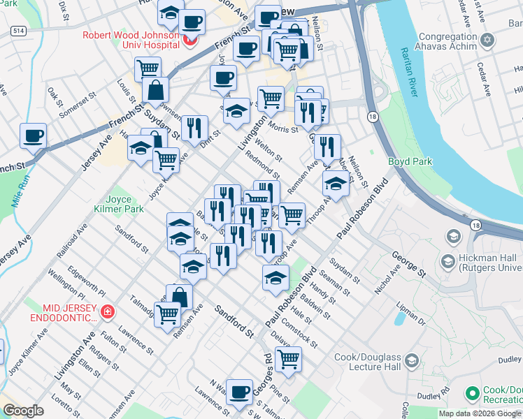map of restaurants, bars, coffee shops, grocery stores, and more near 174 Suydam Street in New Brunswick