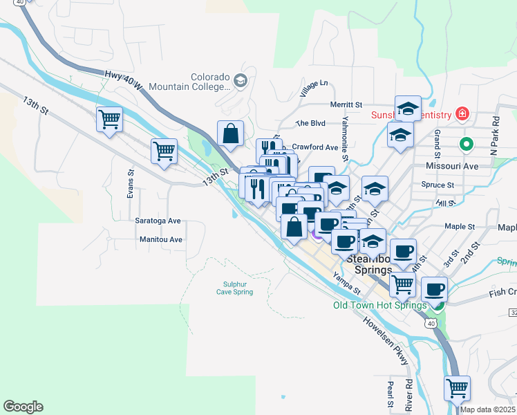 map of restaurants, bars, coffee shops, grocery stores, and more near 1136 Yampa Street in Steamboat Springs