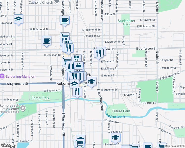 map of restaurants, bars, coffee shops, grocery stores, and more near 302 East Walnut Street in Kokomo