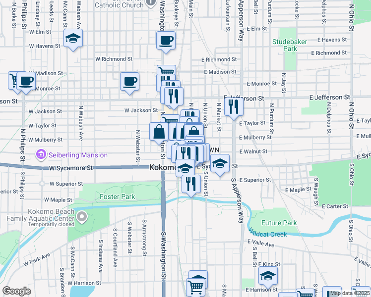 map of restaurants, bars, coffee shops, grocery stores, and more near 215 North Main Street in Kokomo