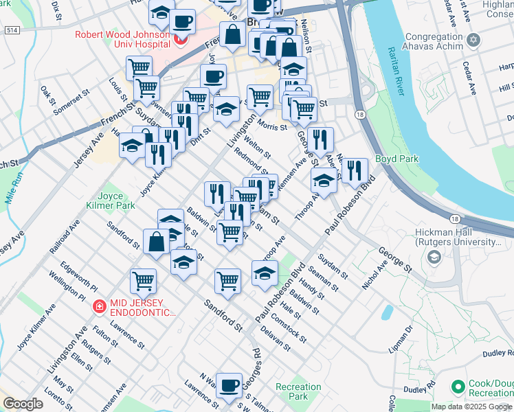 map of restaurants, bars, coffee shops, grocery stores, and more near 169 Suydam Street in New Brunswick