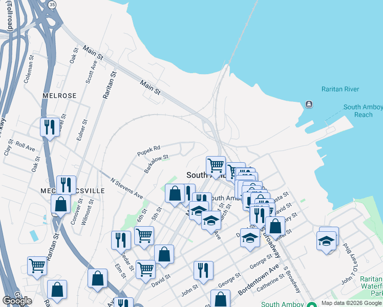 map of restaurants, bars, coffee shops, grocery stores, and more near 3 Charmello Drive in South Amboy