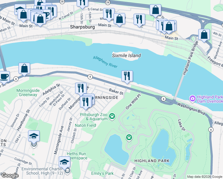 map of restaurants, bars, coffee shops, grocery stores, and more near 7229 Baker Street in Pittsburgh