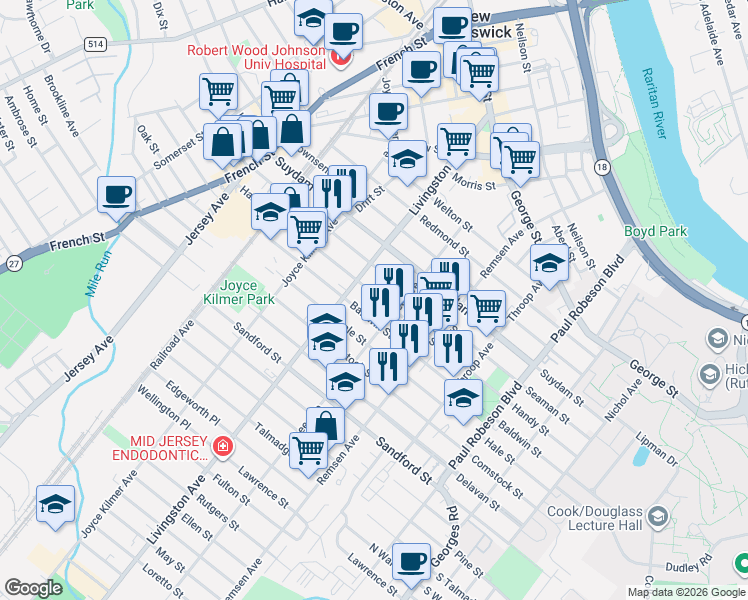 map of restaurants, bars, coffee shops, grocery stores, and more near 216 Handy Street in New Brunswick