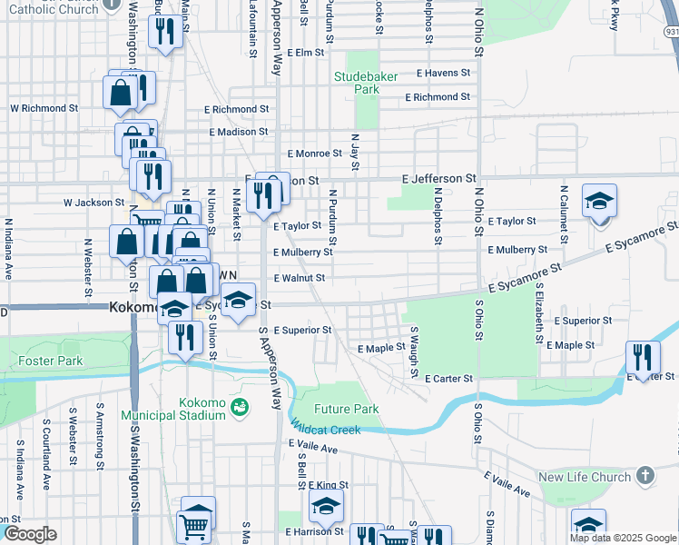 map of restaurants, bars, coffee shops, grocery stores, and more near 704 East Walnut Street in Kokomo
