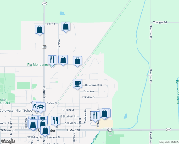 map of restaurants, bars, coffee shops, grocery stores, and more near 723 Lilac Drive in Coldwater
