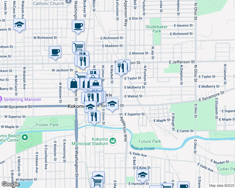 map of restaurants, bars, coffee shops, grocery stores, and more near 314 East Walnut Street in Kokomo