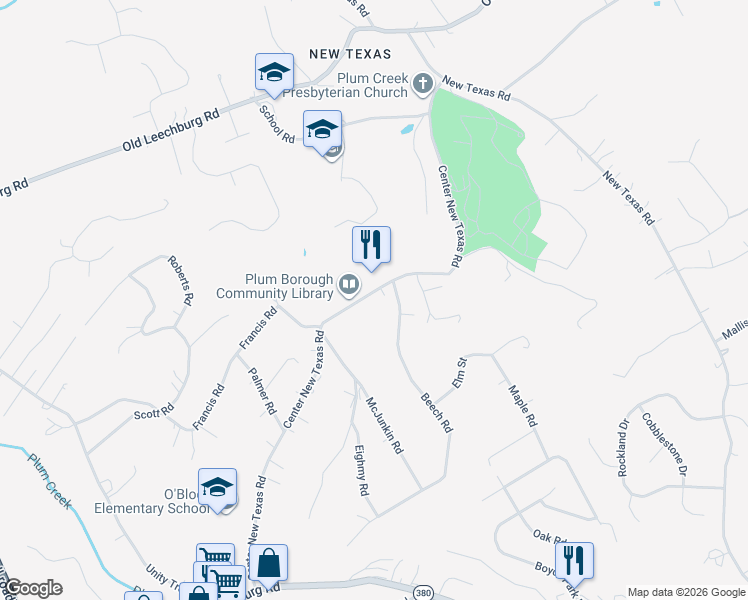 map of restaurants, bars, coffee shops, grocery stores, and more near 440 Center New Texas Road in Plum