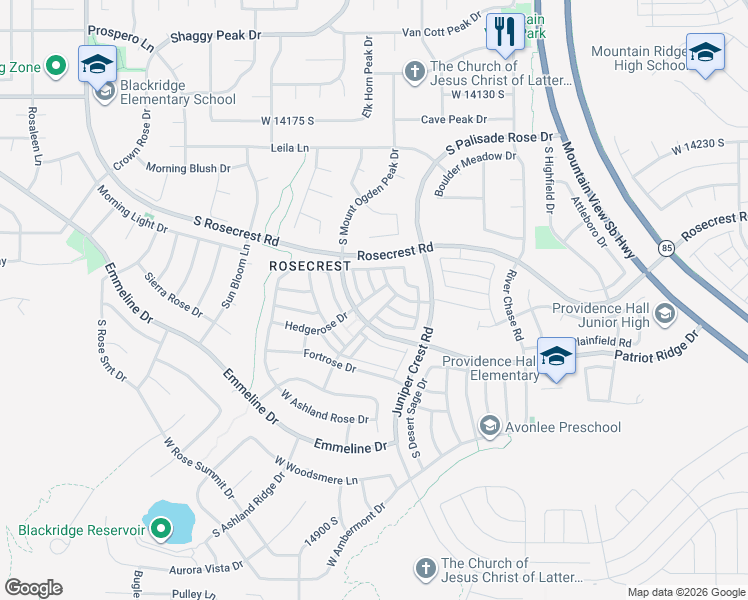 map of restaurants, bars, coffee shops, grocery stores, and more near 14493 Stone Stream Street in Herriman