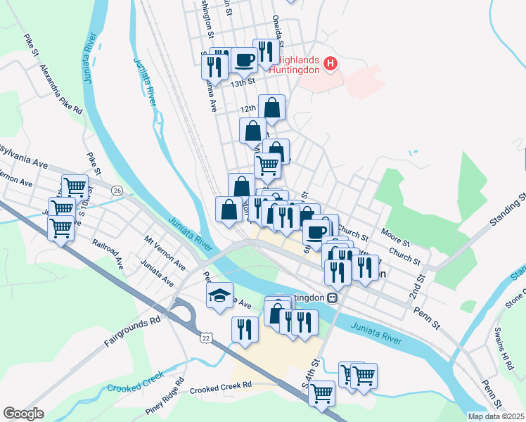 map of restaurants, bars, coffee shops, grocery stores, and more near 831 Washington Street in Huntingdon